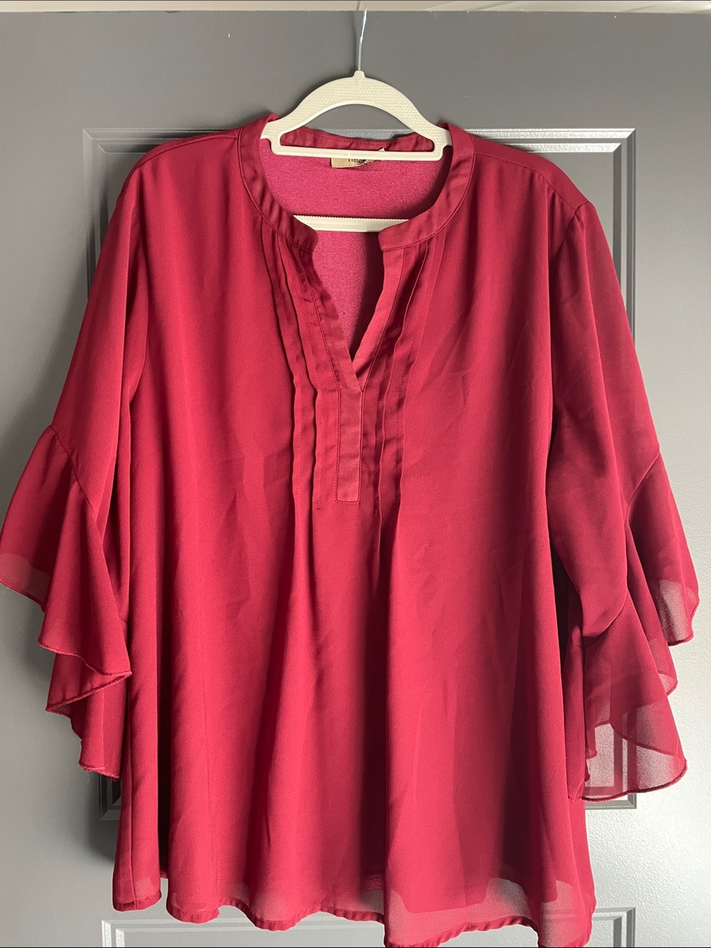 Women's Ruffle Sleeve V-Neck Blouse in Crimson